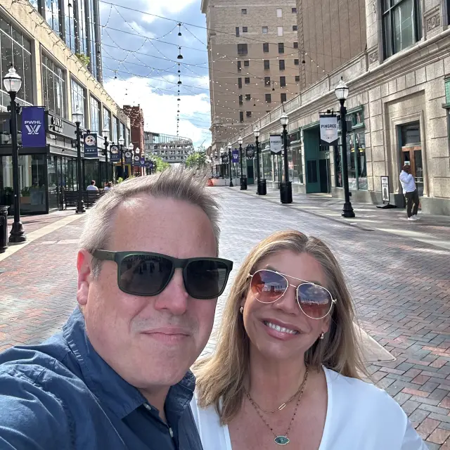 Mike and Andrea on a pedestrian street in downtown Detroit
